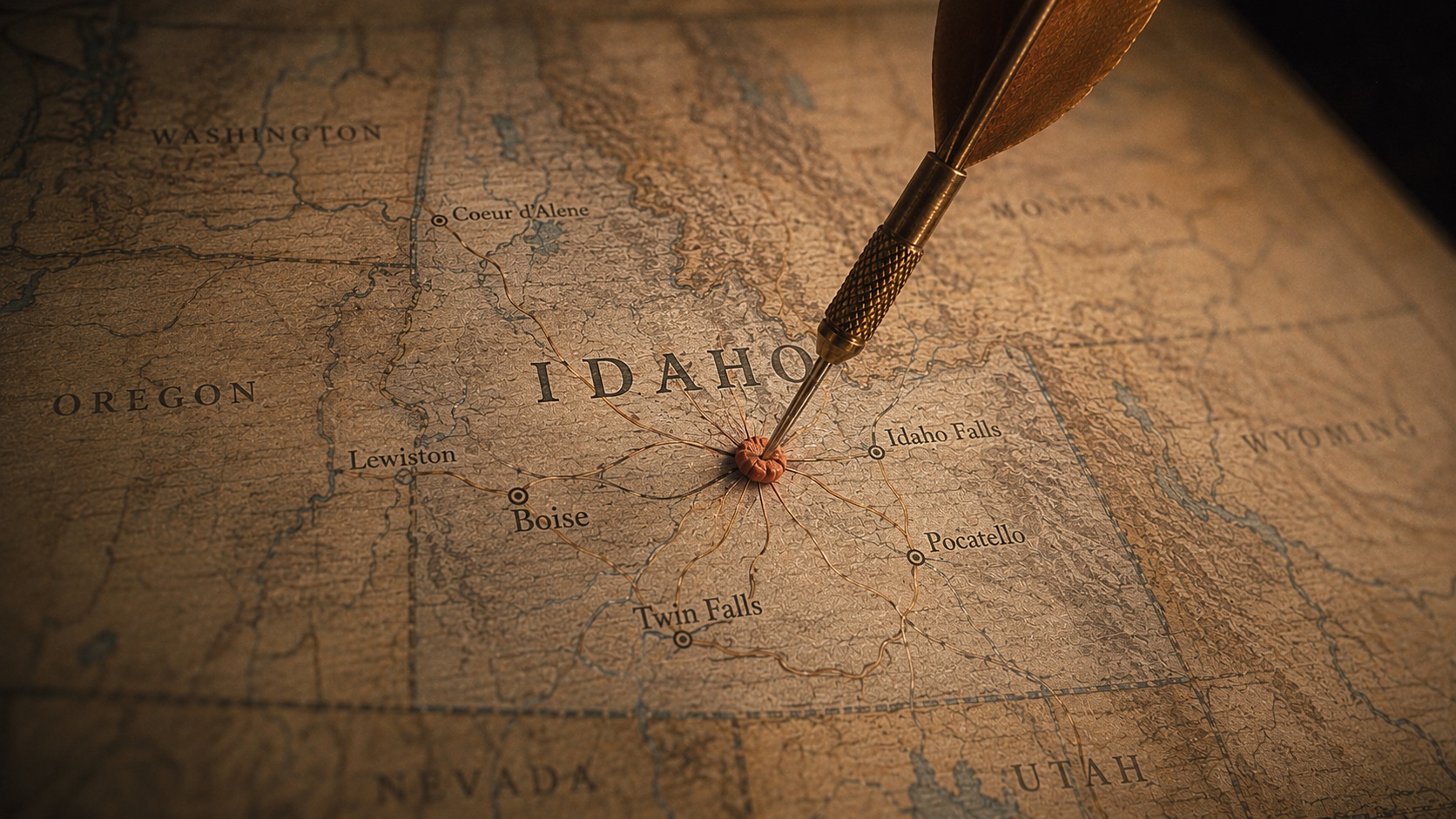 Vintage map of Idaho with a dart landing on Boise
